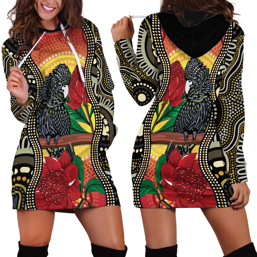 Waratah And Banksian Cockatoo Hoodie Dress Aboriginal Art - Vibe Hoodie Shop