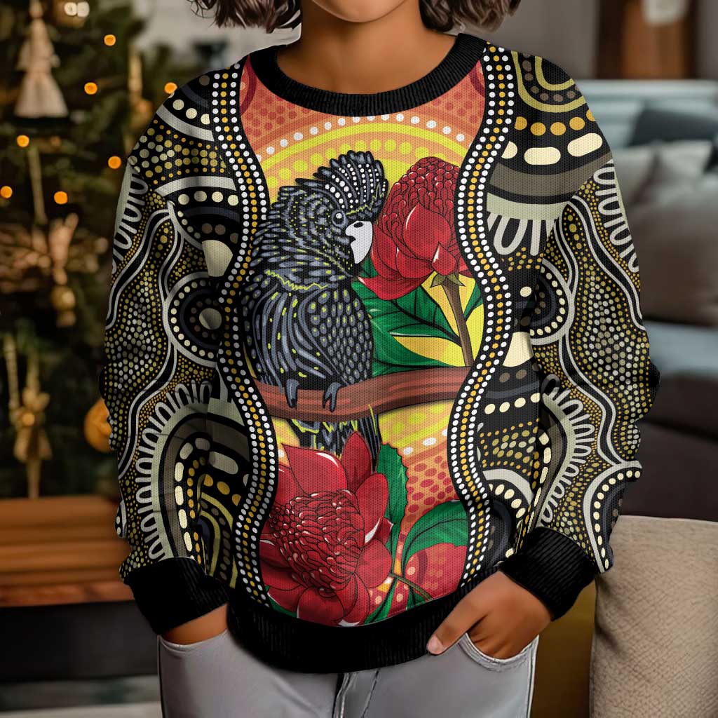 Waratah And Banksian Cockatoo Kid Ugly Christmas Sweater Aboriginal Art