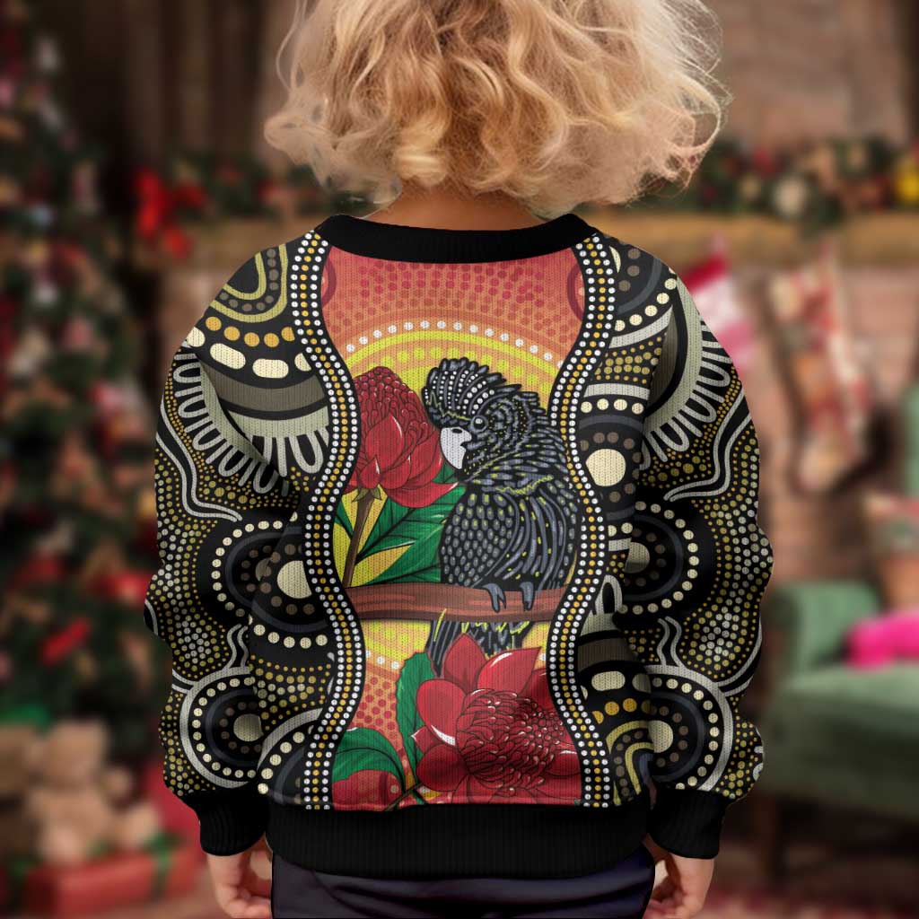 Waratah And Banksian Cockatoo Kid Ugly Christmas Sweater Aboriginal Art