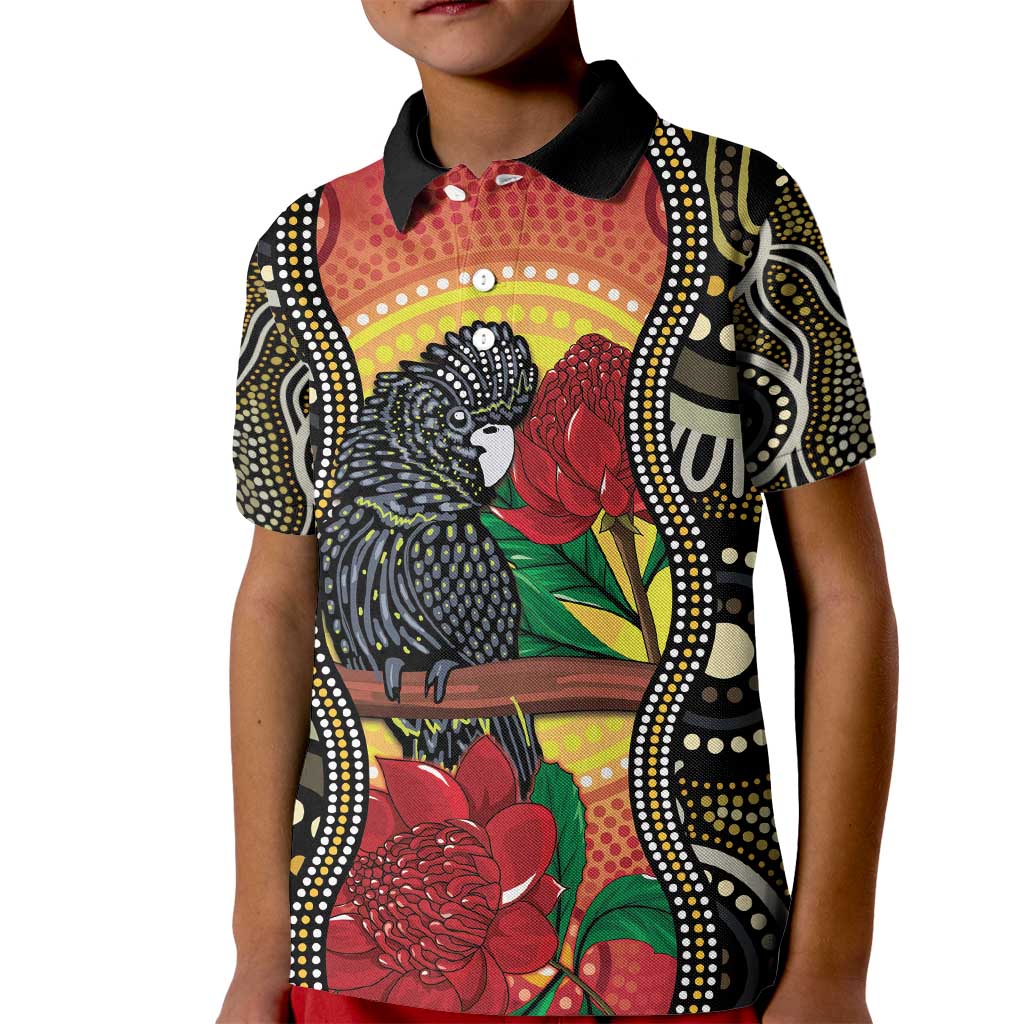 Waratah And Banksian Cockatoo Kid Polo Shirt Aboriginal Art - Vibe Hoodie Shop