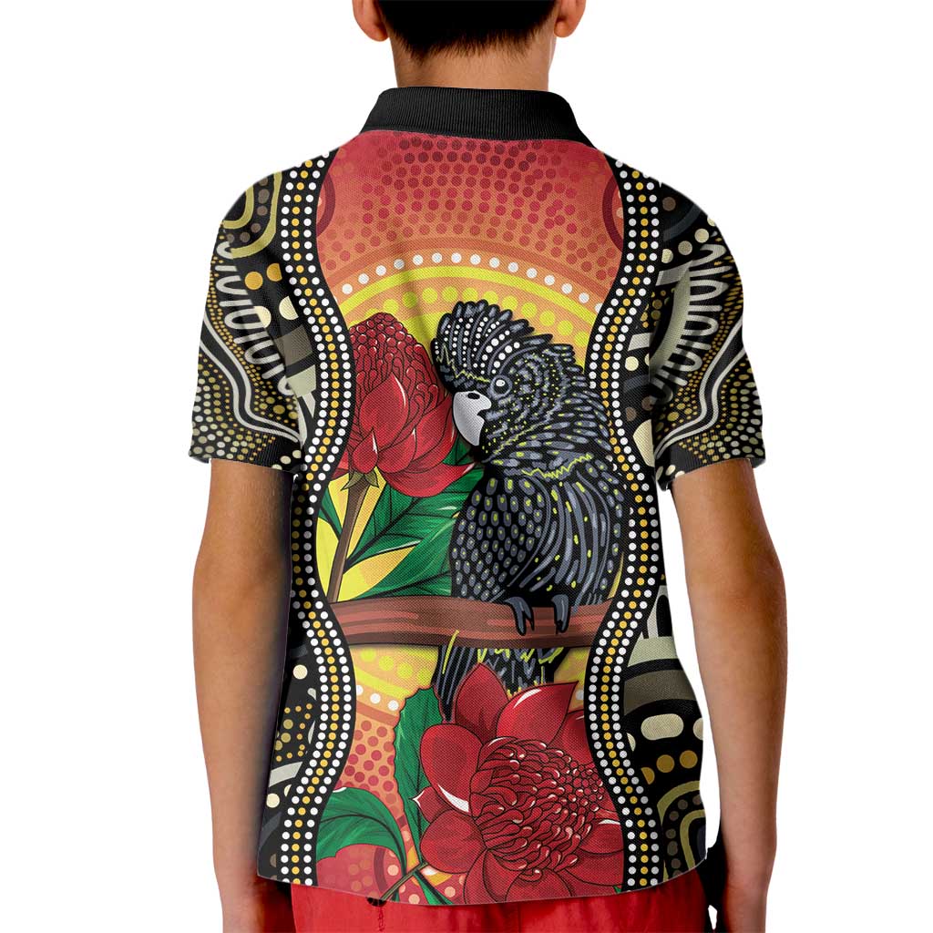 Waratah And Banksian Cockatoo Kid Polo Shirt Aboriginal Art - Vibe Hoodie Shop