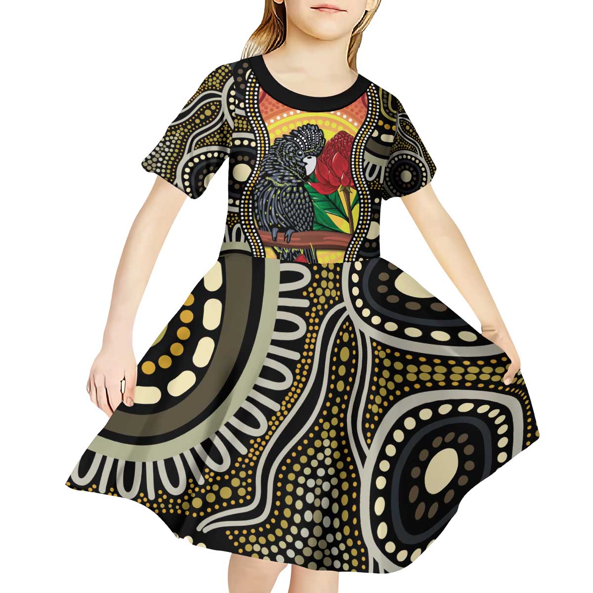Waratah And Banksian Cockatoo Kid Short Sleeve Dress Aboriginal Art - Vibe Hoodie Shop