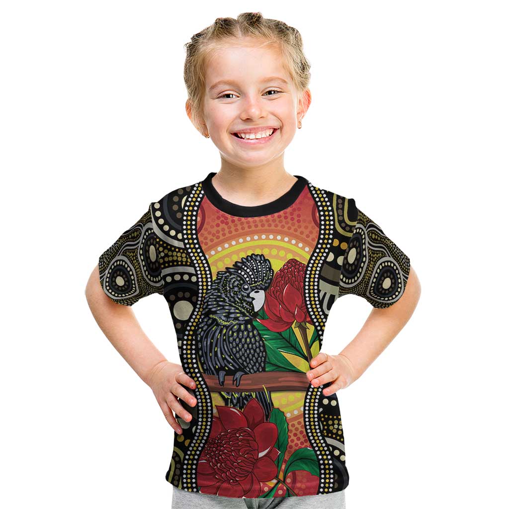 Waratah And Banksian Cockatoo Kid T Shirt Aboriginal Art - Vibe Hoodie Shop