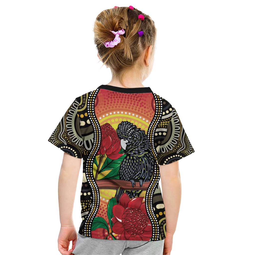 Waratah And Banksian Cockatoo Kid T Shirt Aboriginal Art - Vibe Hoodie Shop