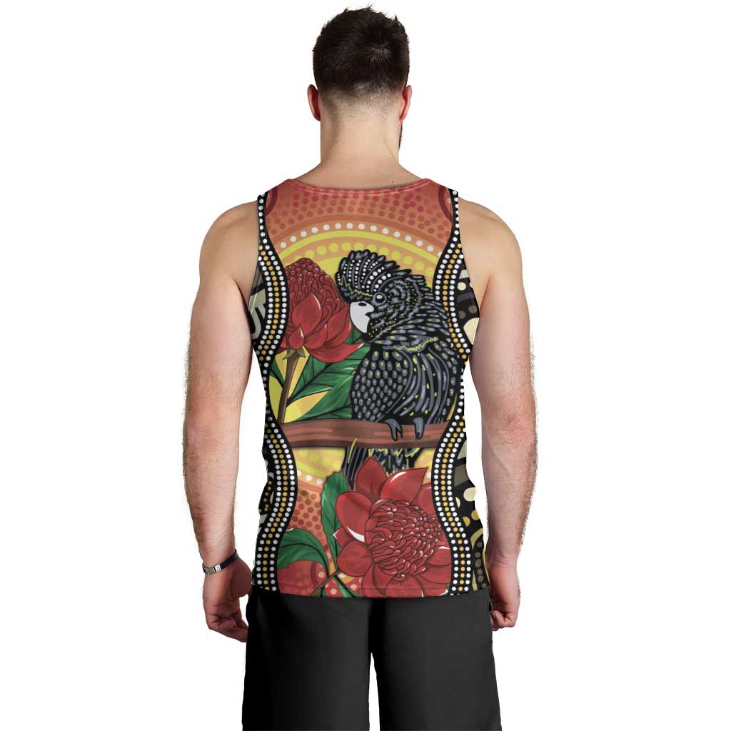 Waratah And Banksian Cockatoo Men Tank Top Aboriginal Art - Vibe Hoodie Shop