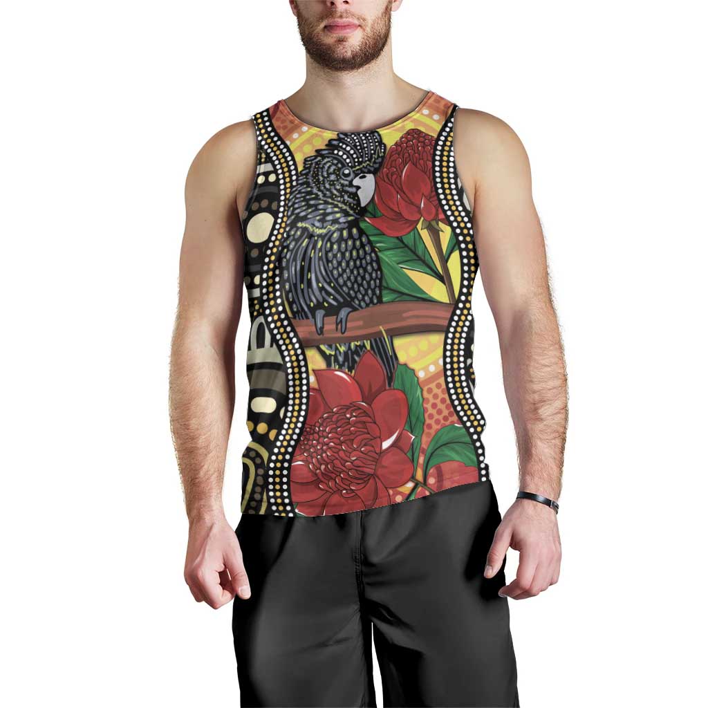 Waratah And Banksian Cockatoo Men Tank Top Aboriginal Art - Vibe Hoodie Shop