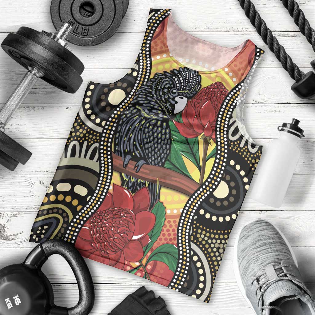 Waratah And Banksian Cockatoo Men Tank Top Aboriginal Art - Vibe Hoodie Shop