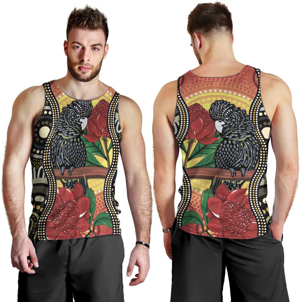 Waratah And Banksian Cockatoo Men Tank Top Aboriginal Art - Vibe Hoodie Shop