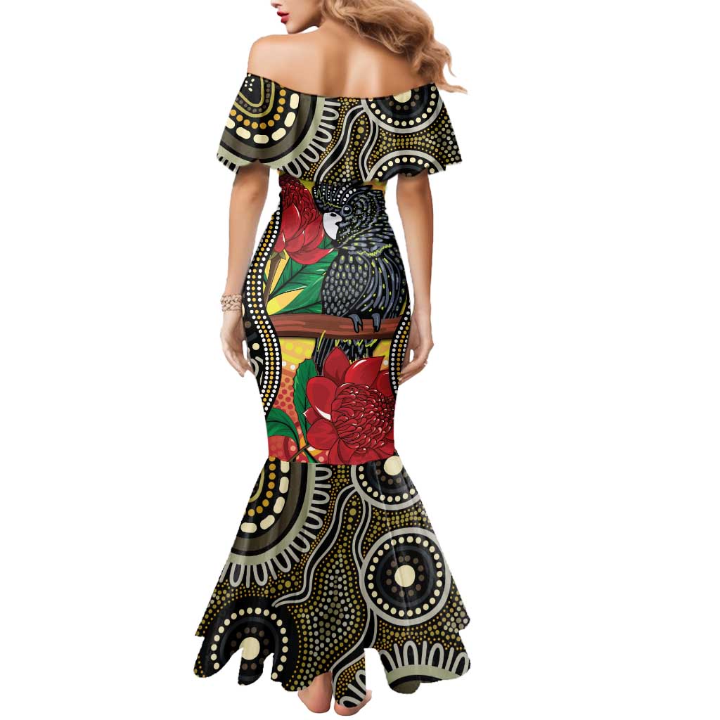 Waratah And Banksian Cockatoo Mermaid Dress Aboriginal Art