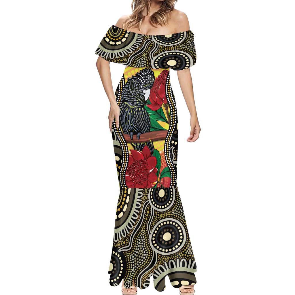 Waratah And Banksian Cockatoo Mermaid Dress Aboriginal Art