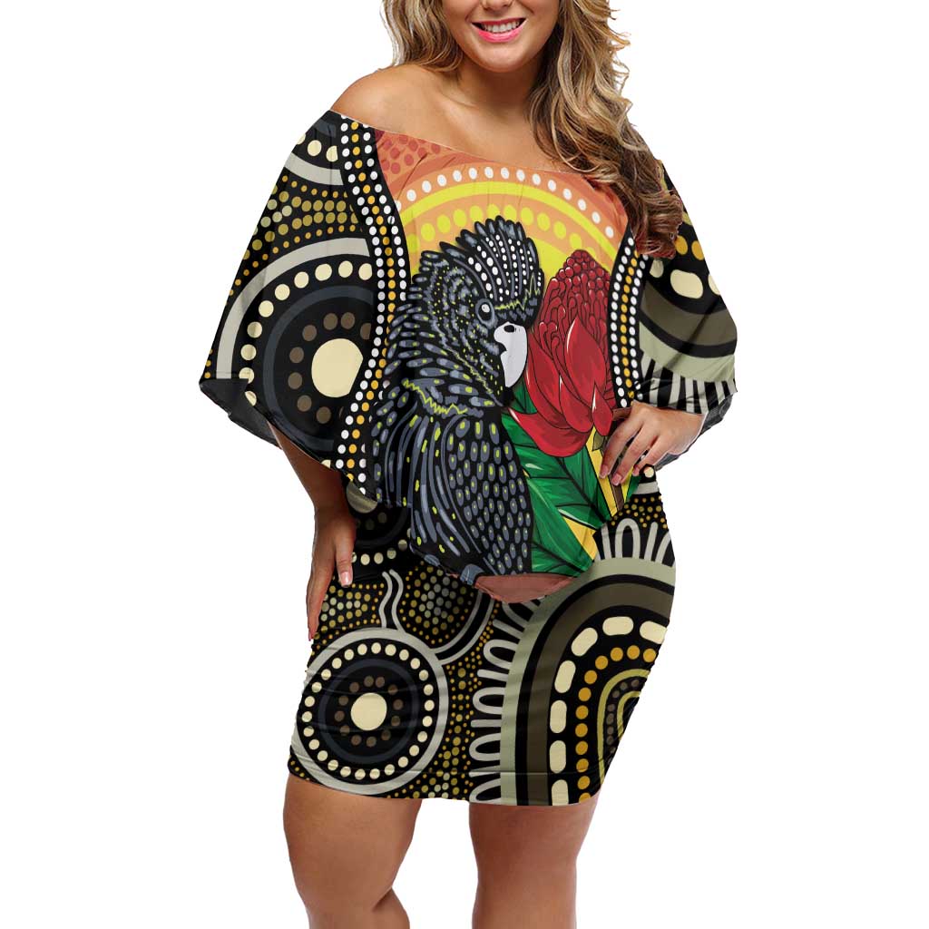 Waratah And Banksian Cockatoo Off Shoulder Short Dress Aboriginal Art