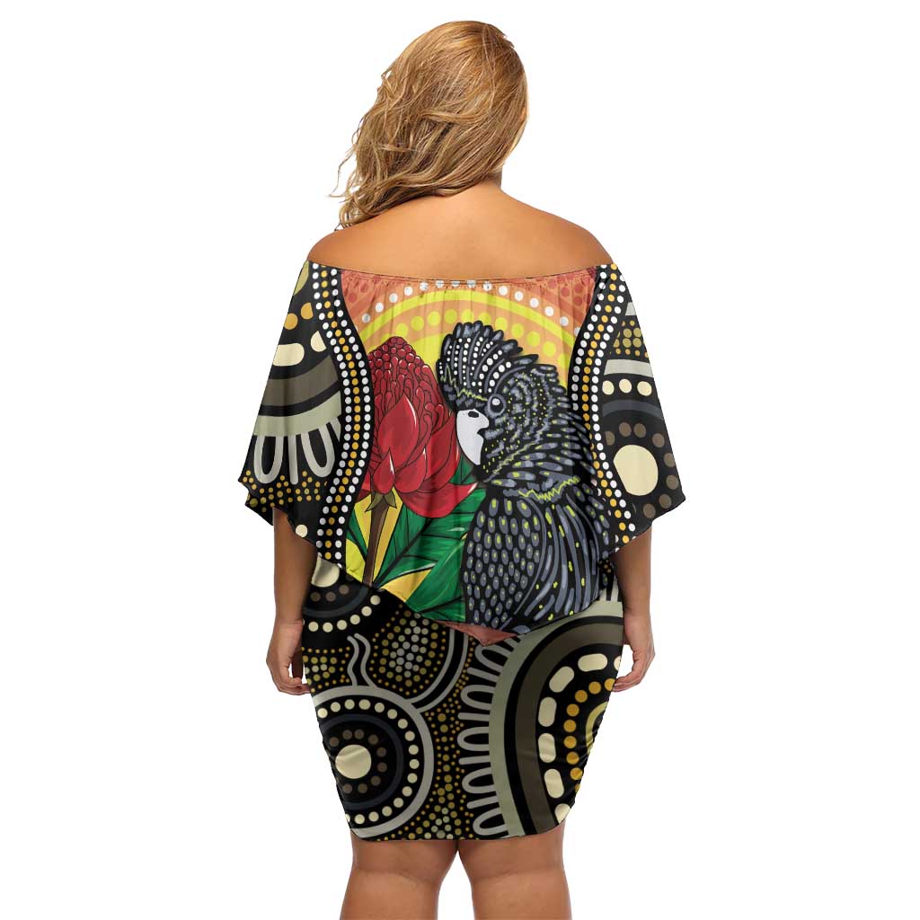 Waratah And Banksian Cockatoo Off Shoulder Short Dress Aboriginal Art