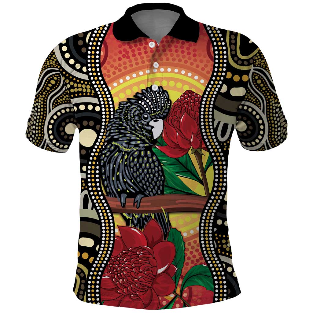 Waratah And Banksian Cockatoo Polo Shirt Aboriginal Art - Vibe Hoodie Shop