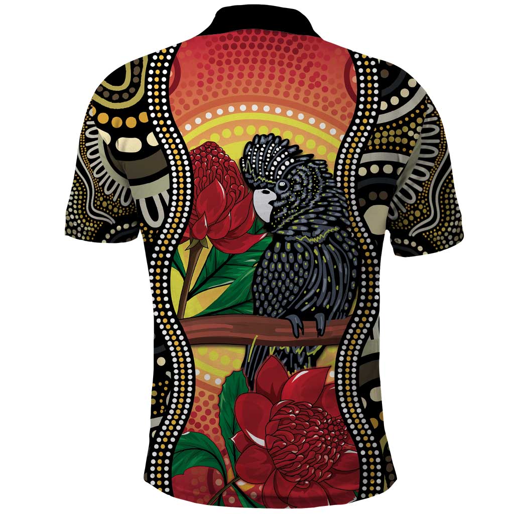 Waratah And Banksian Cockatoo Polo Shirt Aboriginal Art - Vibe Hoodie Shop