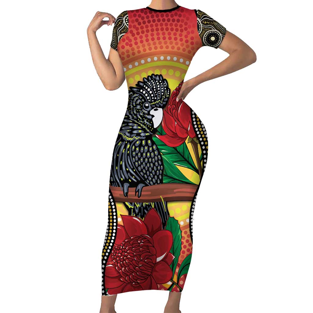Waratah And Banksian Cockatoo Short Sleeve Bodycon Dress Aboriginal Art