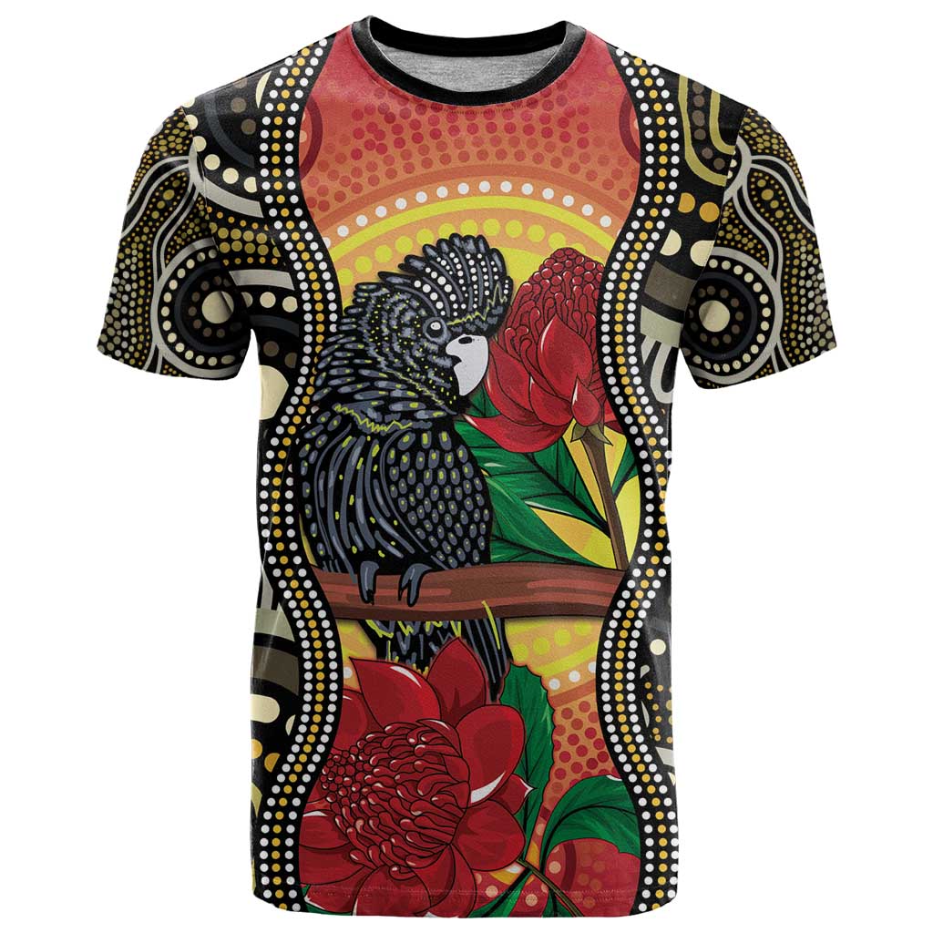 Waratah And Banksian Cockatoo T Shirt Aboriginal Art - Vibe Hoodie Shop