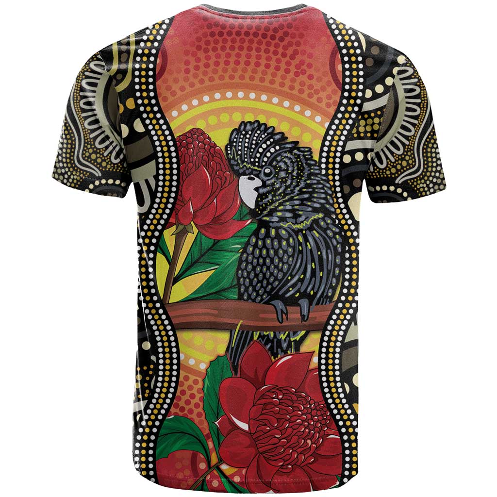 Waratah And Banksian Cockatoo T Shirt Aboriginal Art - Vibe Hoodie Shop
