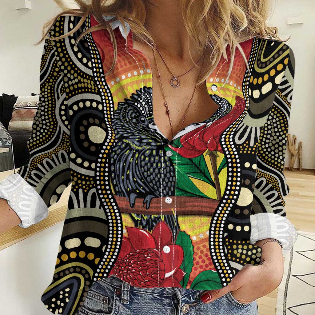 Waratah And Banksian Cockatoo Women Casual Shirt Aboriginal Art - Vibe Hoodie Shop