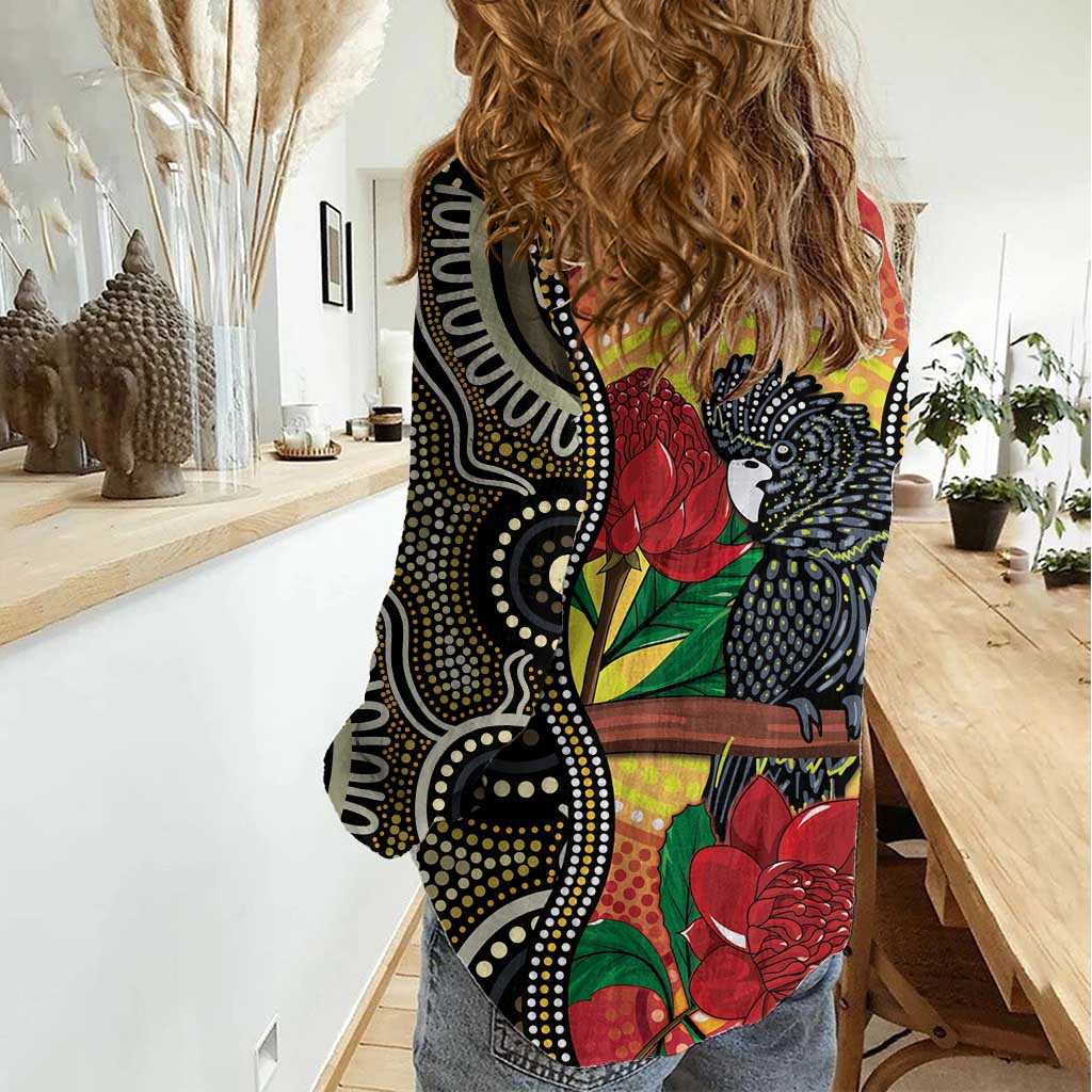 Waratah And Banksian Cockatoo Women Casual Shirt Aboriginal Art - Vibe Hoodie Shop