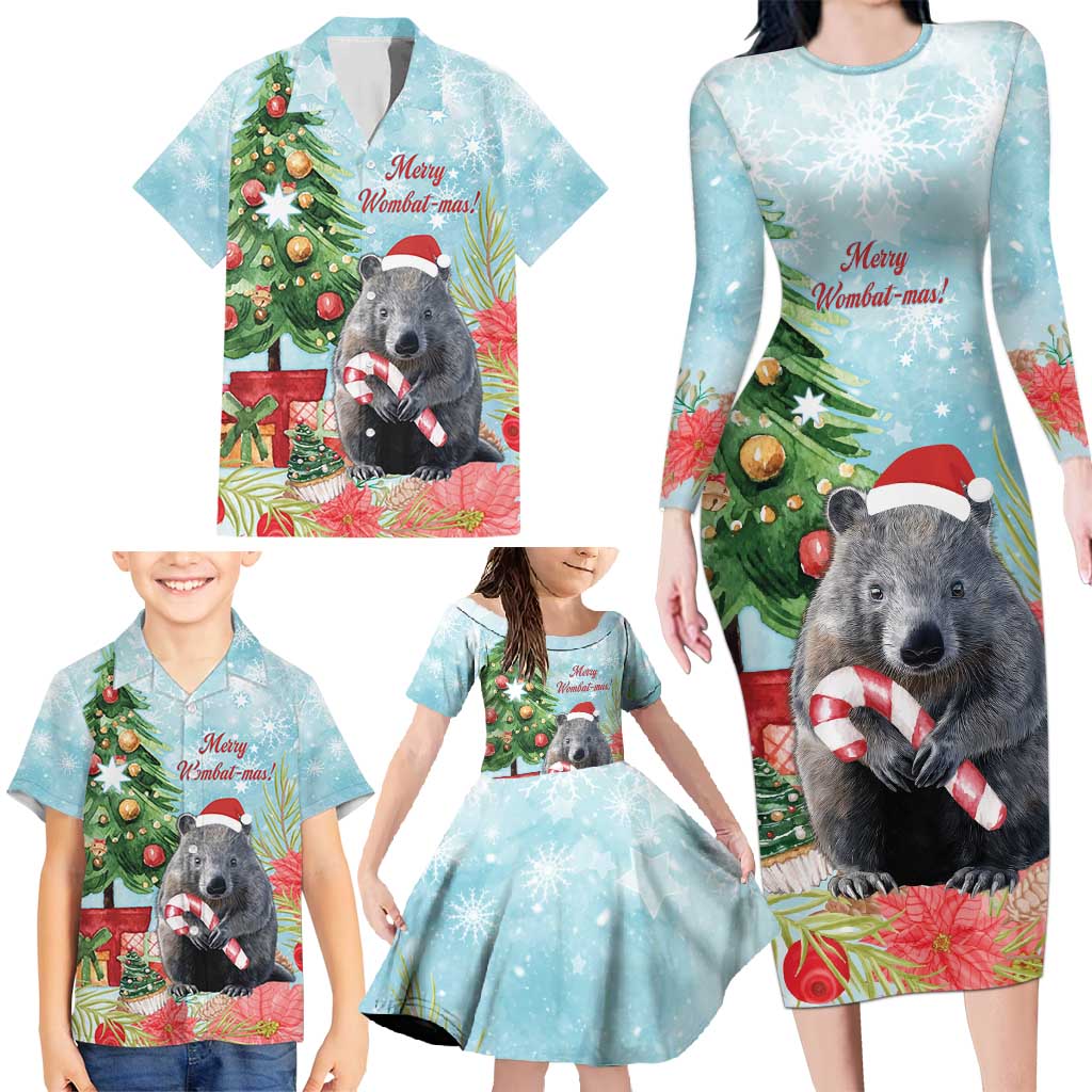 Australia Christmas Family Matching Long Sleeve Bodycon Dress and Hawaiian Shirt Merry Wombat-mas Watercolor Style