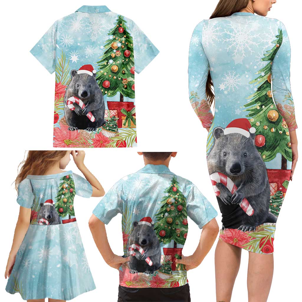 Australia Christmas Family Matching Long Sleeve Bodycon Dress and Hawaiian Shirt Merry Wombat-mas Watercolor Style