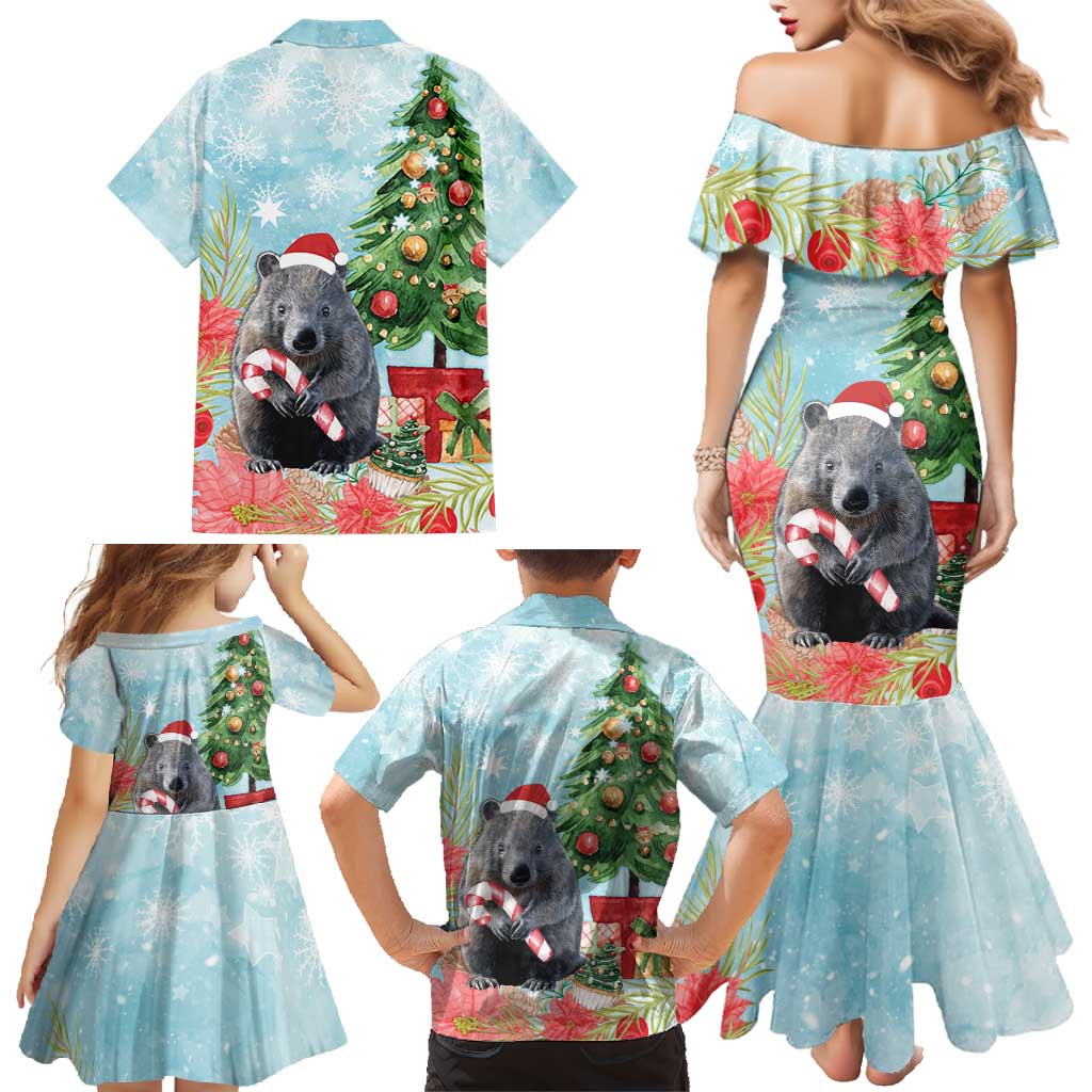 Australia Christmas Family Matching Mermaid Dress and Hawaiian Shirt Merry Wombat-mas Watercolor Style