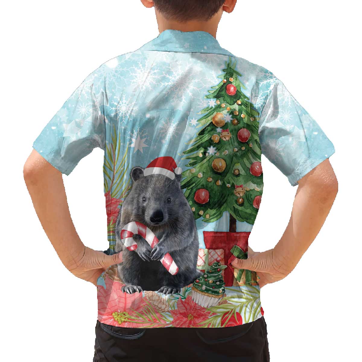 Australia Christmas Family Matching Off The Shoulder Long Sleeve Dress and Hawaiian Shirt Merry Wombat-mas Watercolor Style