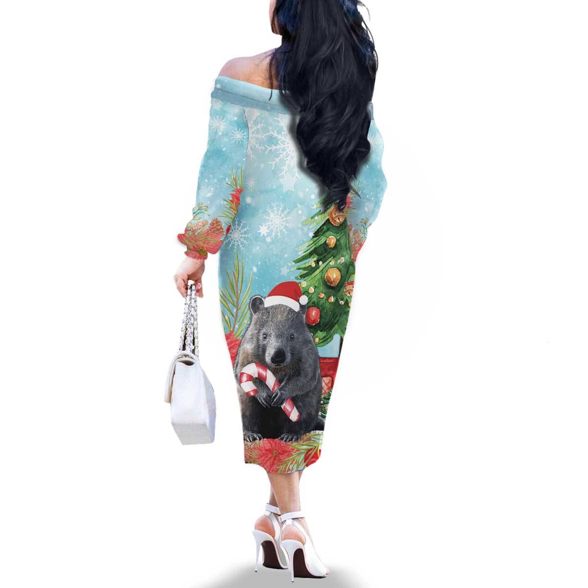 Australia Christmas Family Matching Off The Shoulder Long Sleeve Dress and Hawaiian Shirt Merry Wombat-mas Watercolor Style
