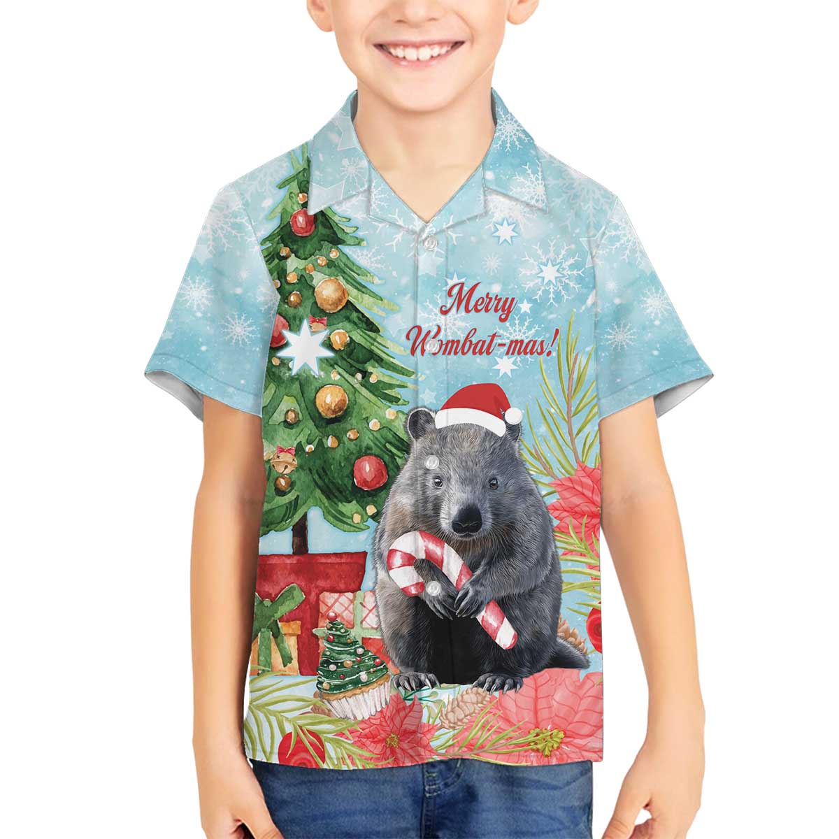 Australia Christmas Family Matching Off The Shoulder Long Sleeve Dress and Hawaiian Shirt Merry Wombat-mas Watercolor Style
