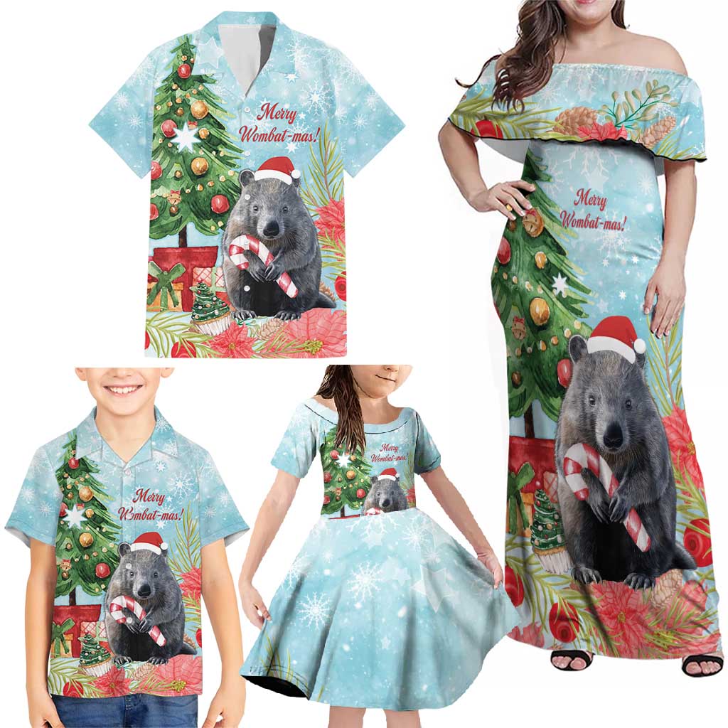 Australia Christmas Family Matching Off Shoulder Maxi Dress and Hawaiian Shirt Merry Wombat-mas Watercolor Style