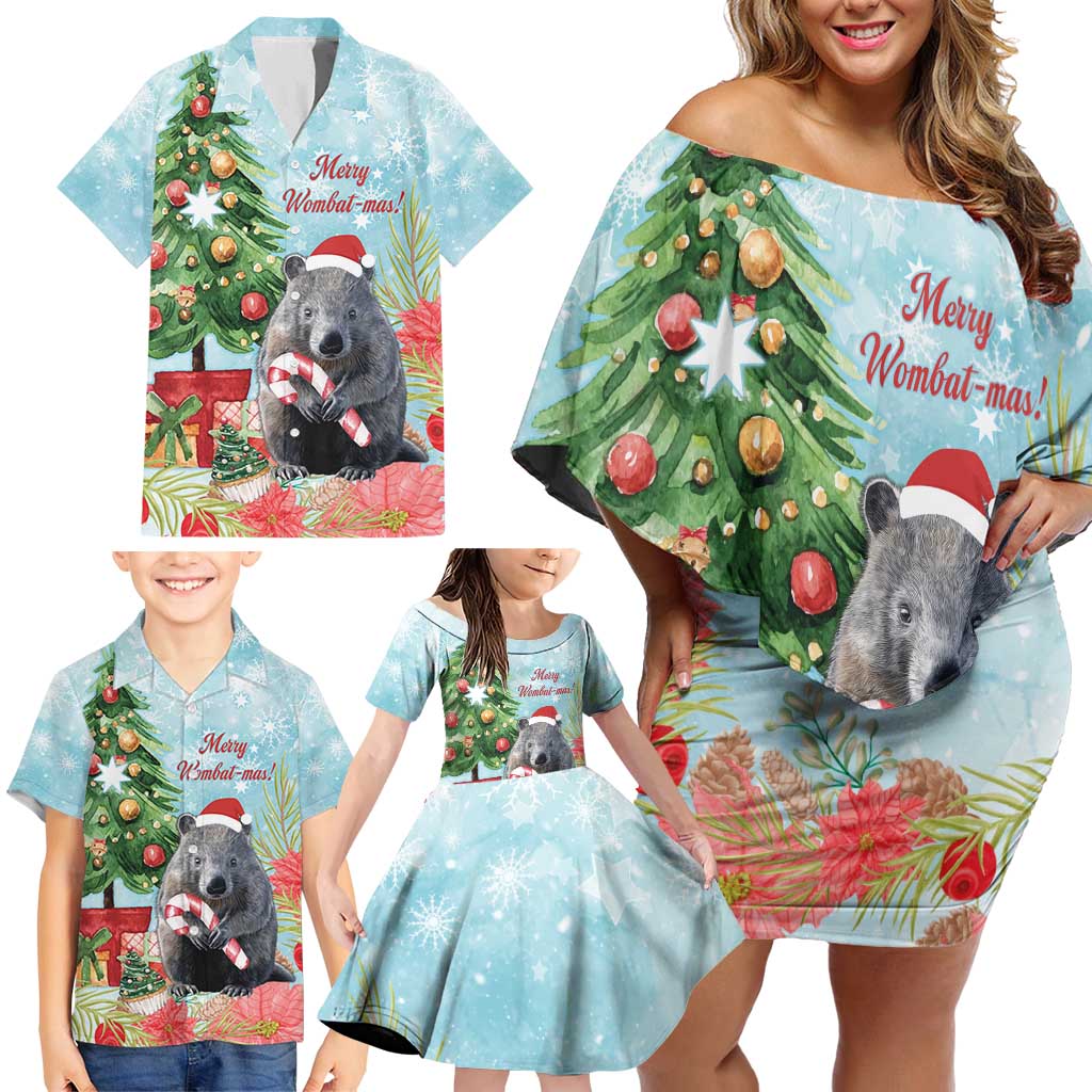 Australia Christmas Family Matching Off Shoulder Short Dress and Hawaiian Shirt Merry Wombat-mas Watercolor Style