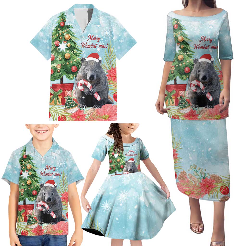 Australia Christmas Family Matching Puletasi and Hawaiian Shirt Merry Wombat-mas Watercolor Style