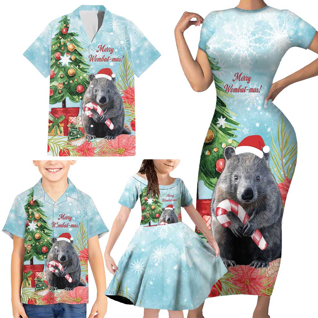 Australia Christmas Family Matching Short Sleeve Bodycon Dress and Hawaiian Shirt Merry Wombat-mas Watercolor Style