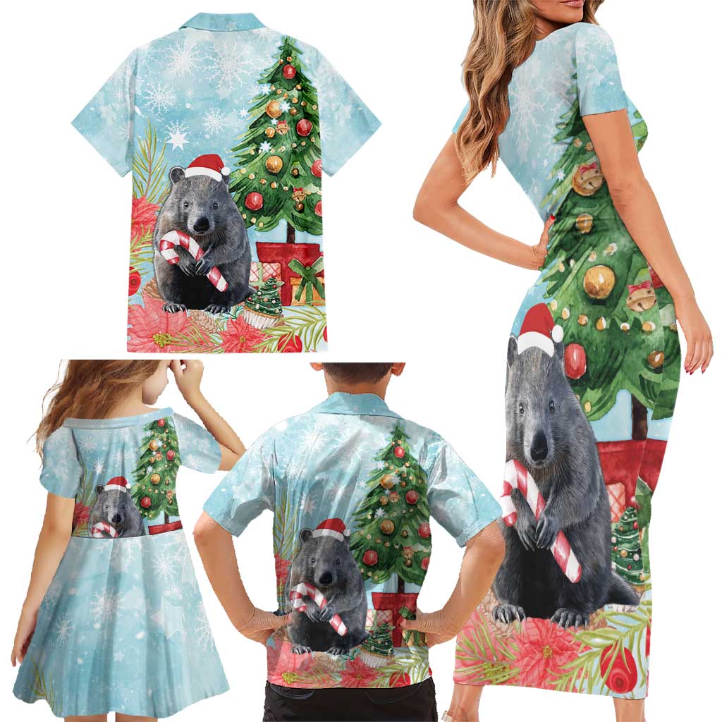 Australia Christmas Family Matching Short Sleeve Bodycon Dress and Hawaiian Shirt Merry Wombat-mas Watercolor Style