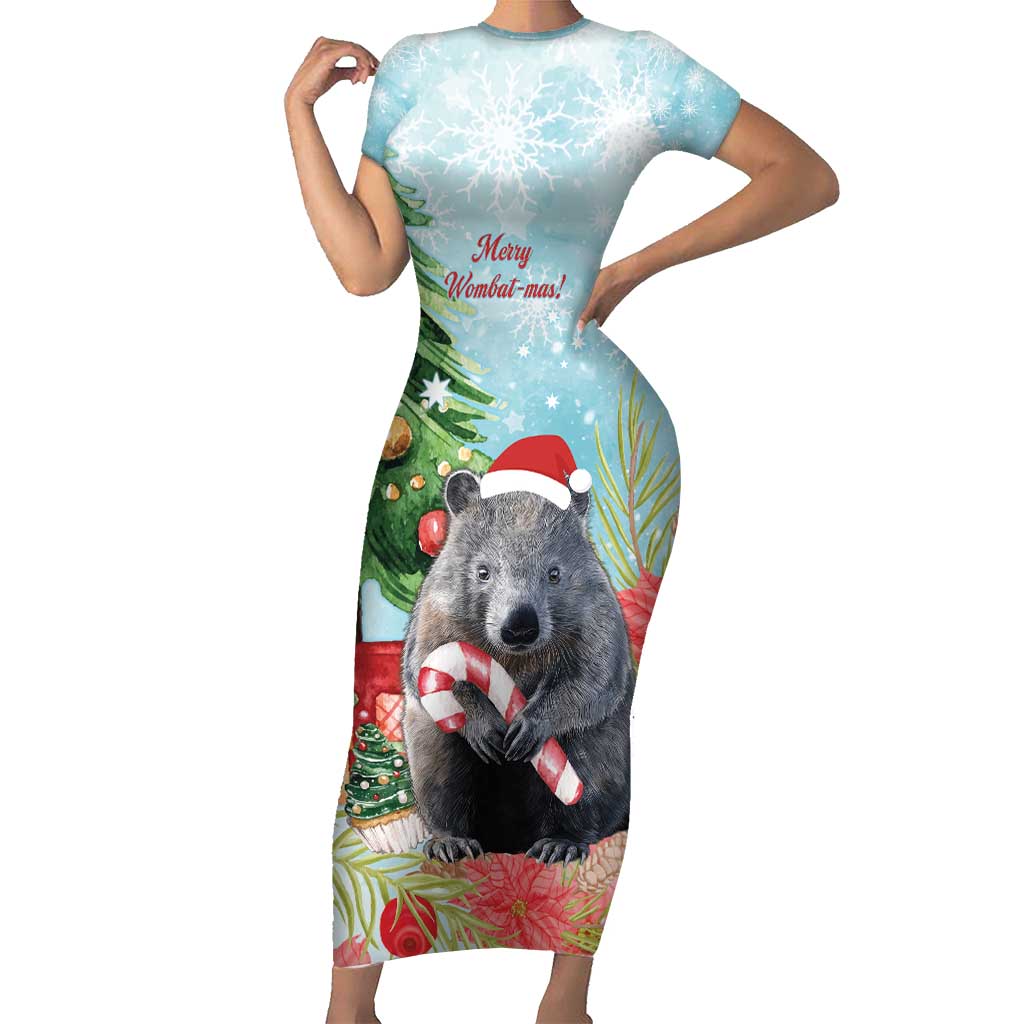 Australia Christmas Family Matching Short Sleeve Bodycon Dress and Hawaiian Shirt Merry Wombat-mas Watercolor Style