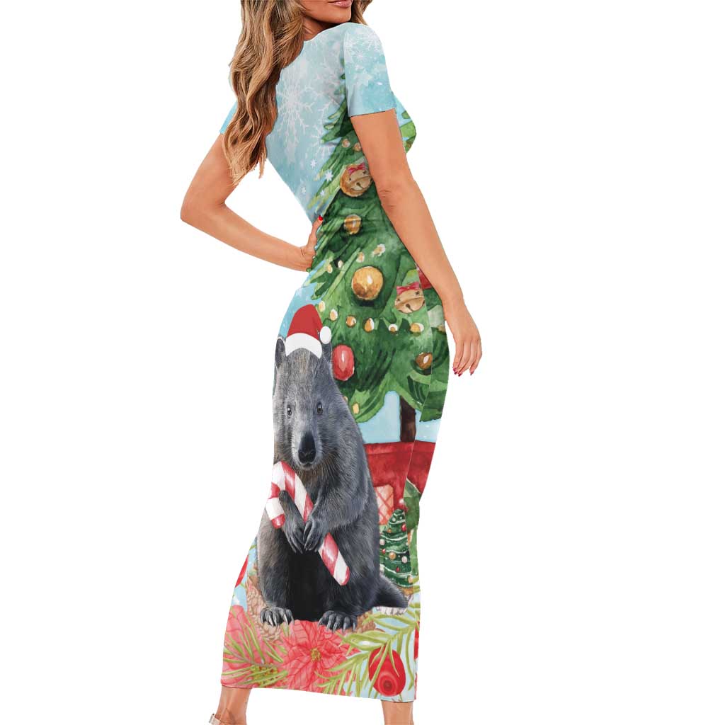 Australia Christmas Family Matching Short Sleeve Bodycon Dress and Hawaiian Shirt Merry Wombat-mas Watercolor Style