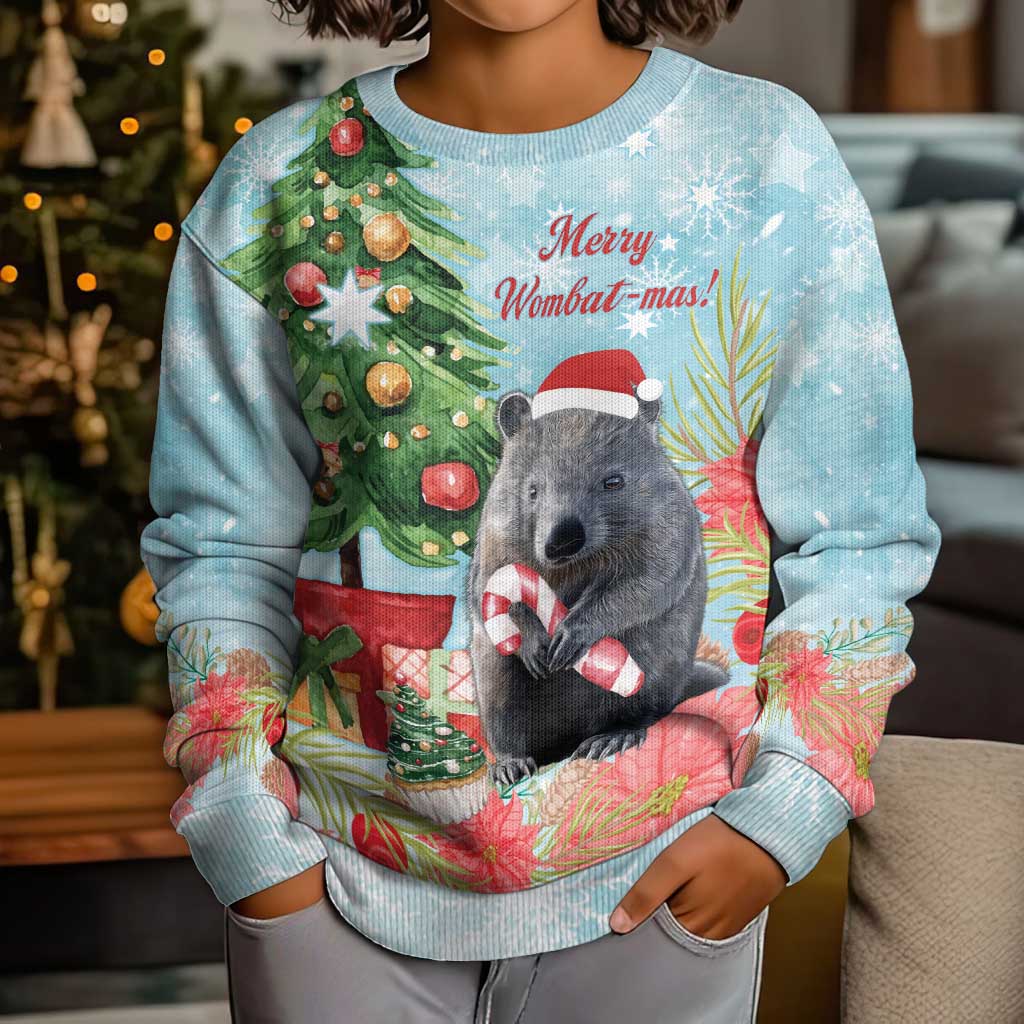 Australia Christmas Kid Ugly Christmas Sweater Merry Wombat-mas Watercolor Style