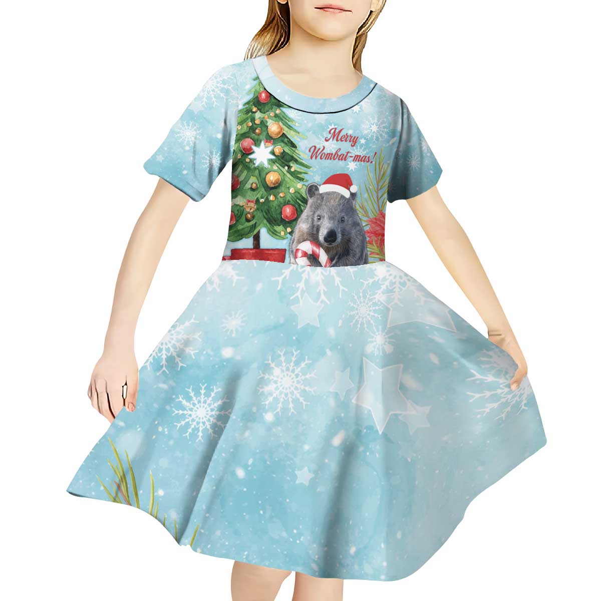 Australia Christmas Kid Short Sleeve Dress Merry Wombat-mas Watercolor Style - Vibe Hoodie Shop