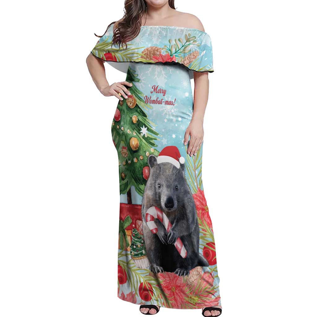 Australia Christmas Off Shoulder Maxi Dress Merry Wombat-mas Watercolor Style