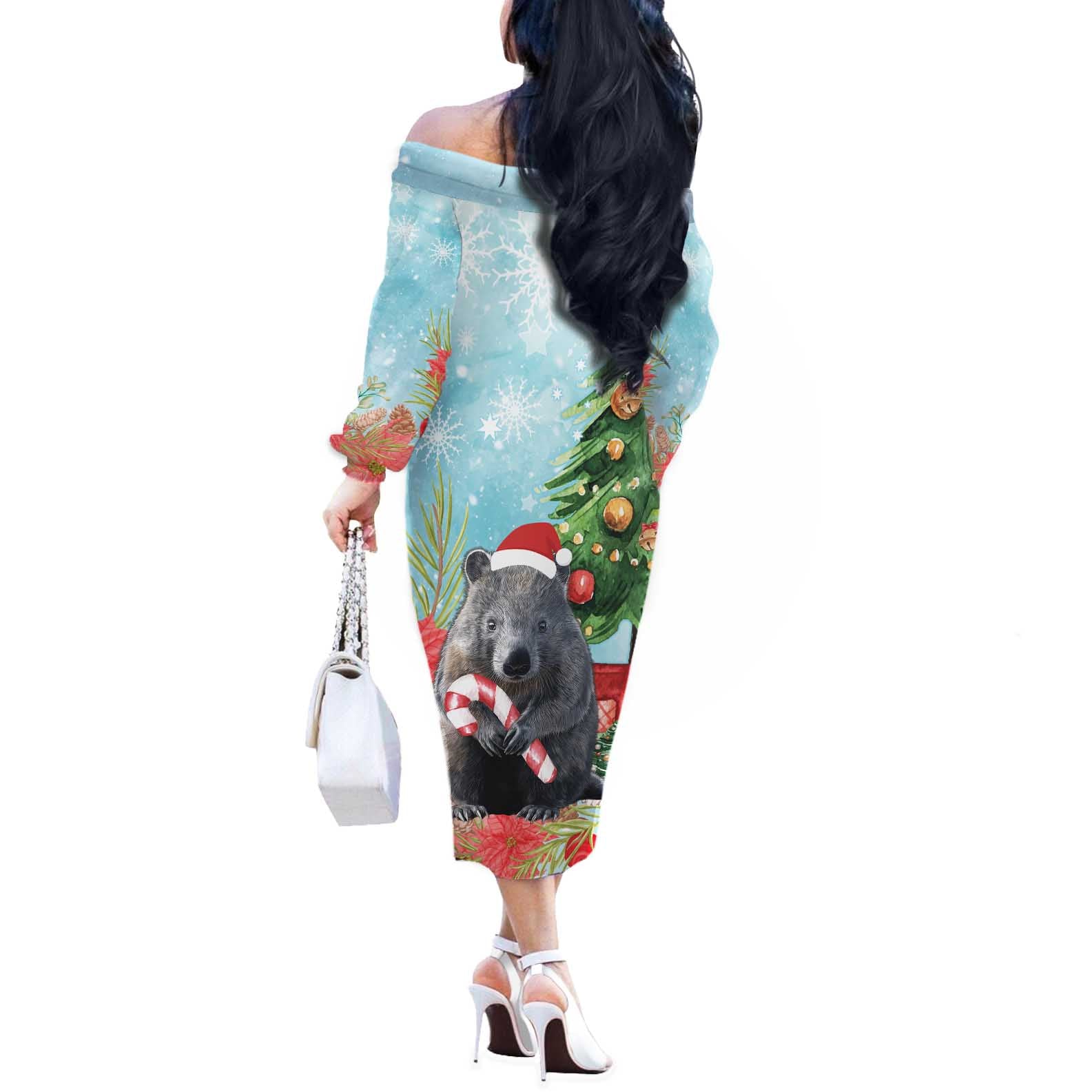 Australia Christmas Off The Shoulder Long Sleeve Dress Merry Wombat-mas Watercolor Style