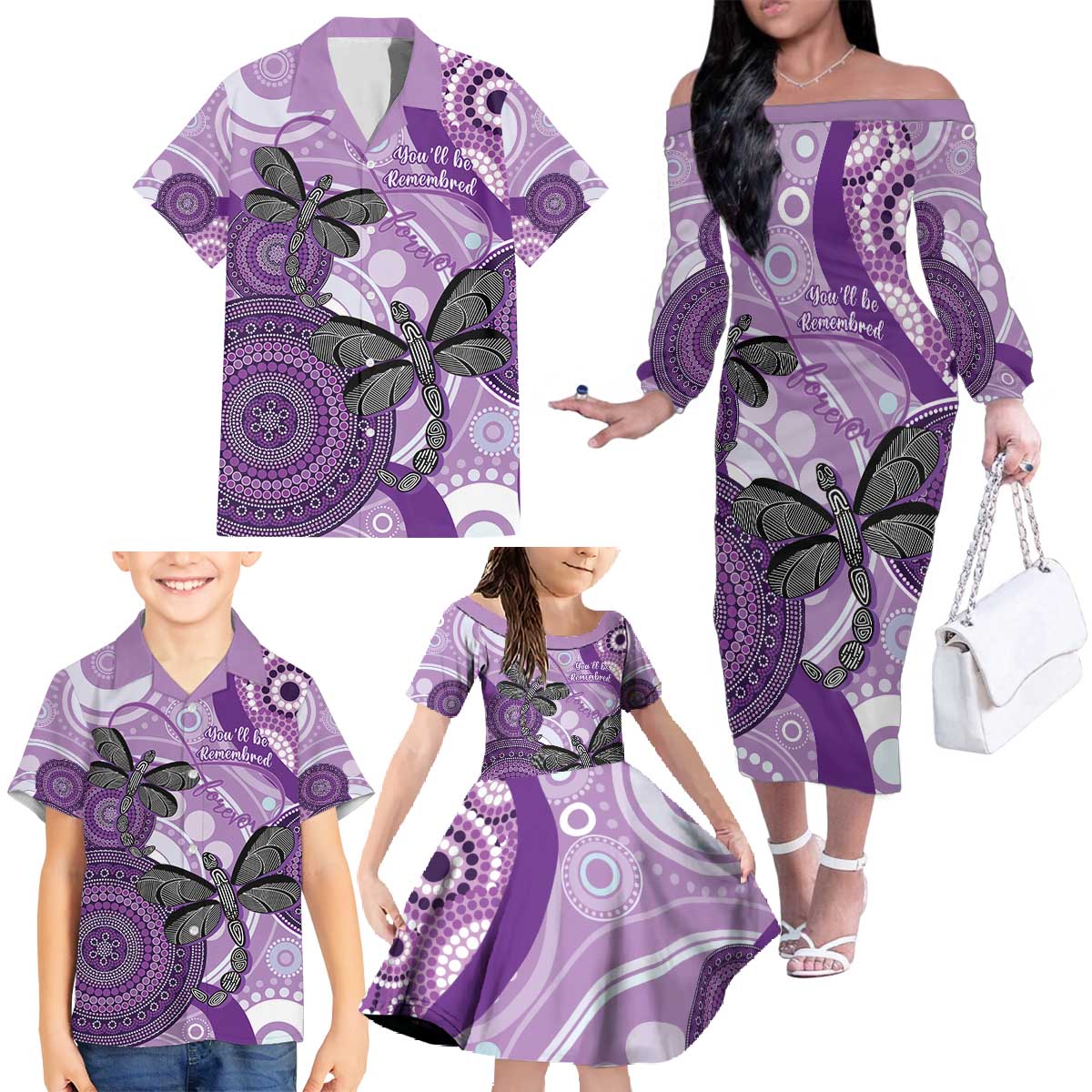 Memorial Australia Family Matching Off The Shoulder Long Sleeve Dress and Hawaiian Shirt You Will Be Remembered Aboriginal Art