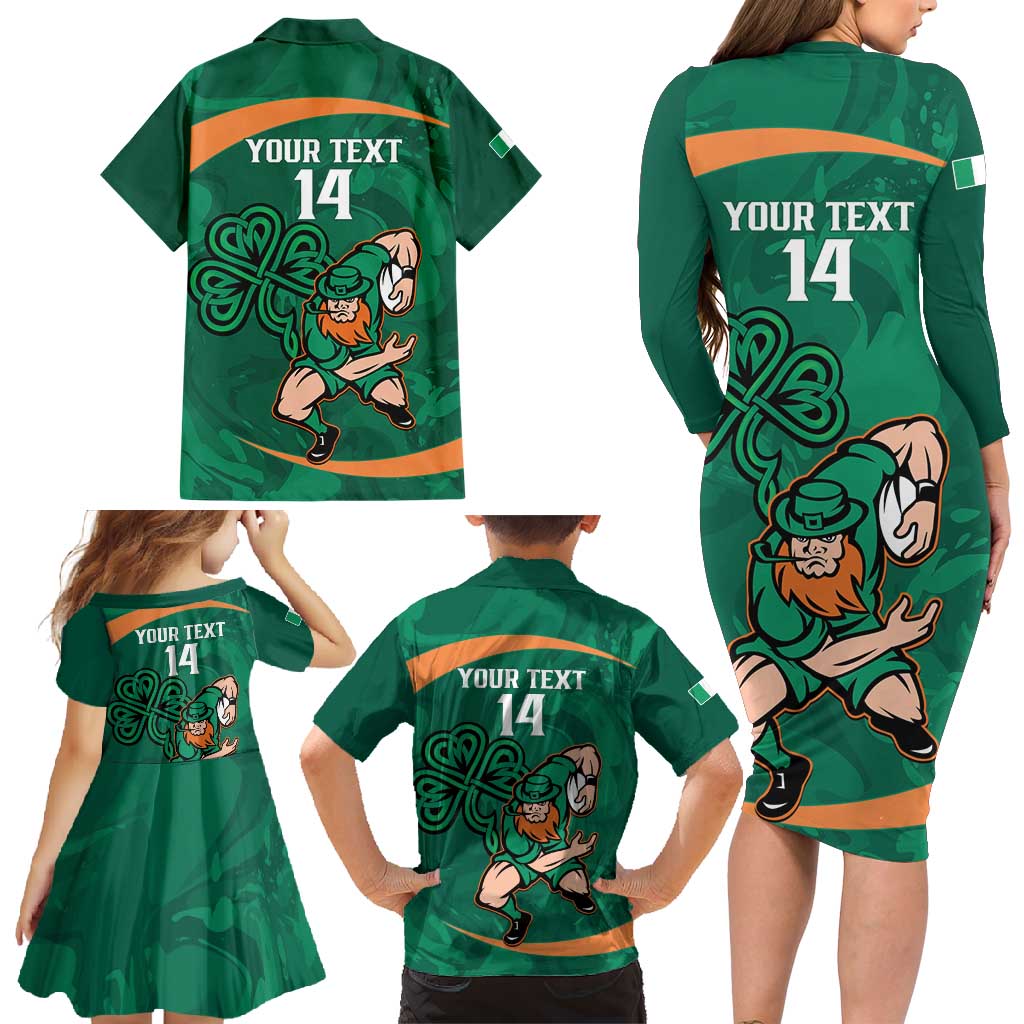 Custom Ireland Rugby Sevens Family Matching Long Sleeve Bodycon Dress and Hawaiian Shirt Go Champions Irish Shamrock