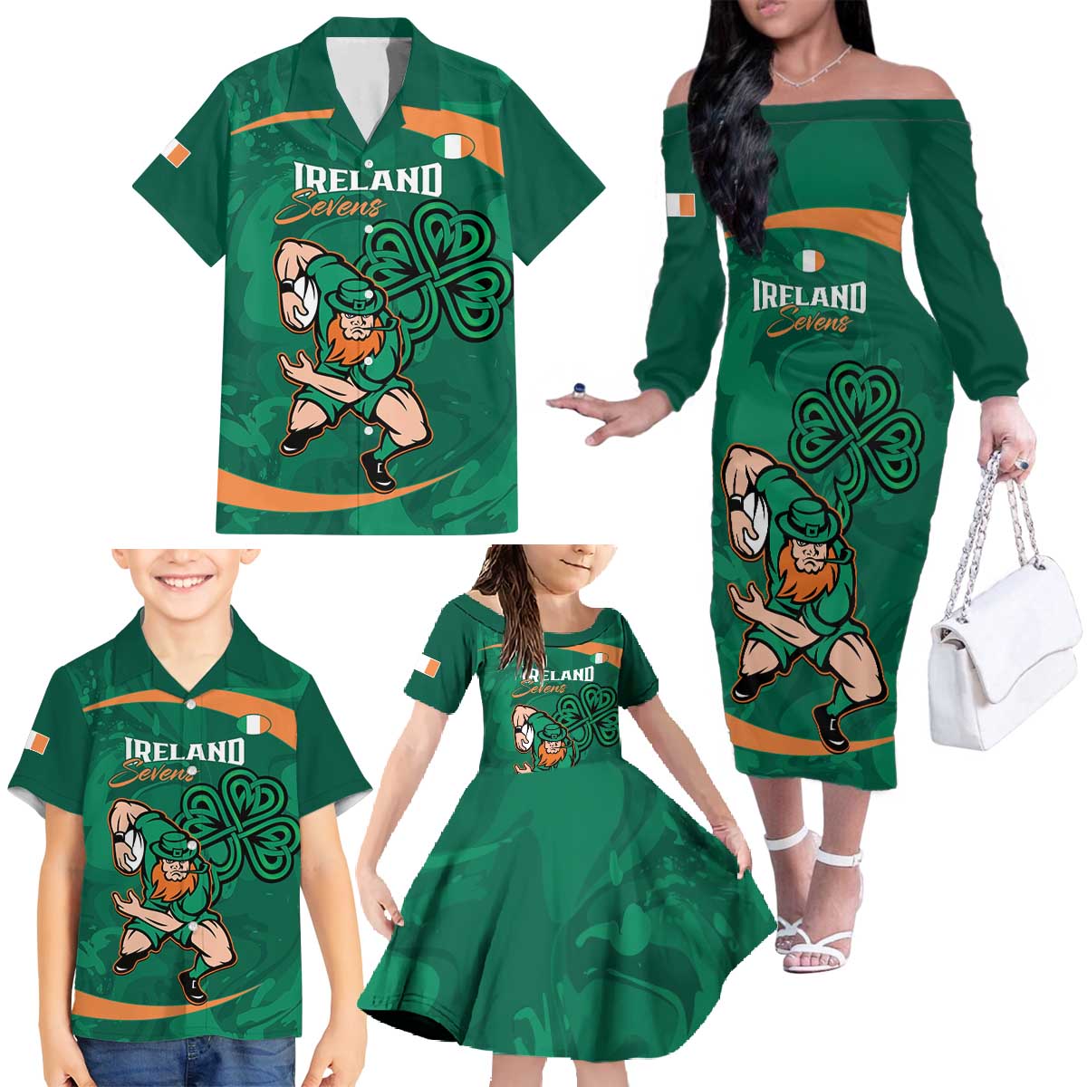 Custom Ireland Rugby Sevens Family Matching Off The Shoulder Long Sleeve Dress and Hawaiian Shirt Go Champions Irish Shamrock