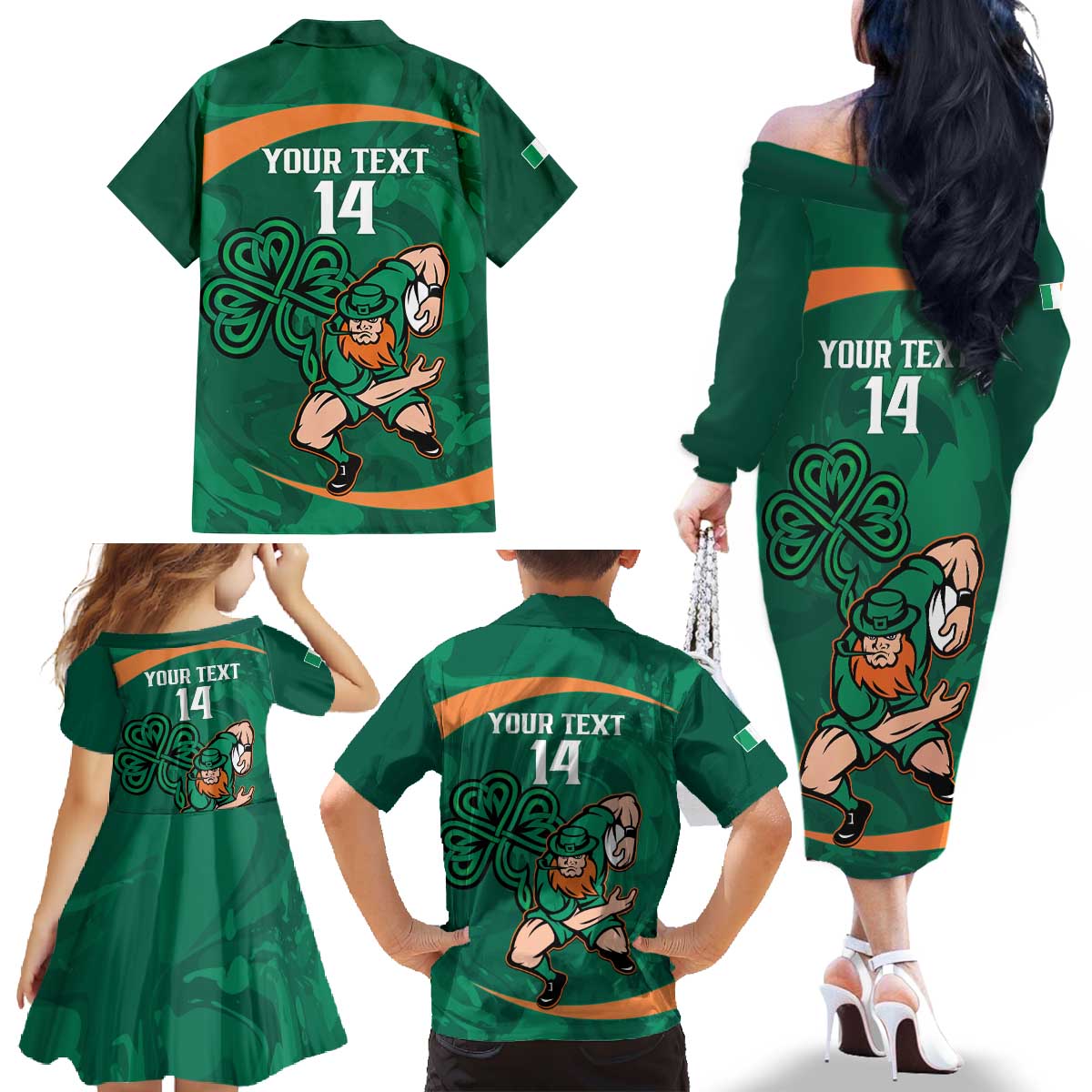 Custom Ireland Rugby Sevens Family Matching Off The Shoulder Long Sleeve Dress and Hawaiian Shirt Go Champions Irish Shamrock