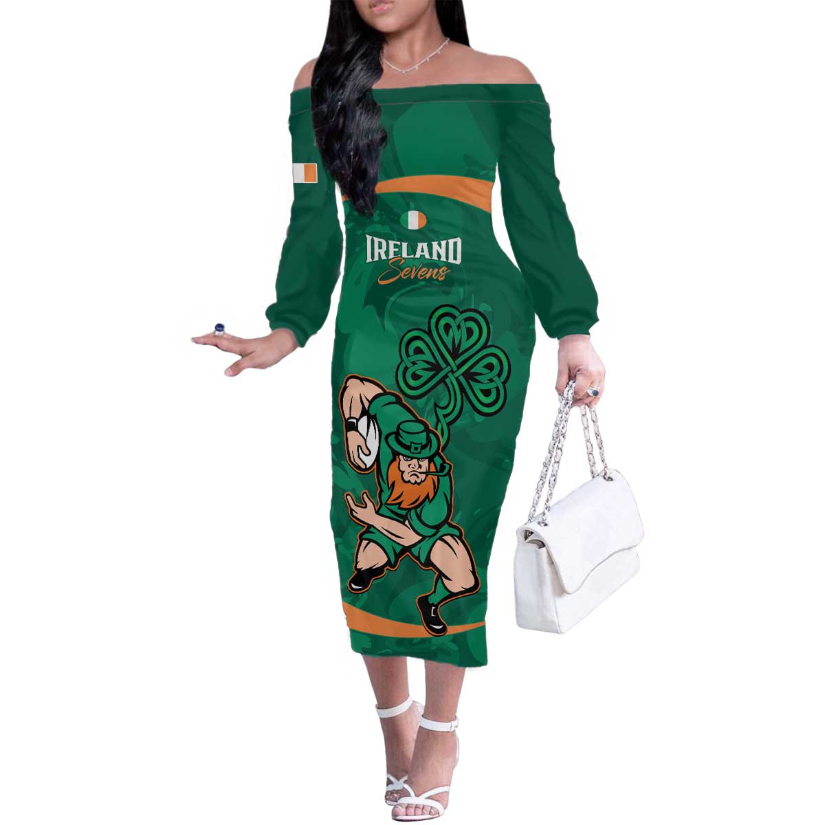 Custom Ireland Rugby Sevens Family Matching Off The Shoulder Long Sleeve Dress and Hawaiian Shirt Go Champions Irish Shamrock