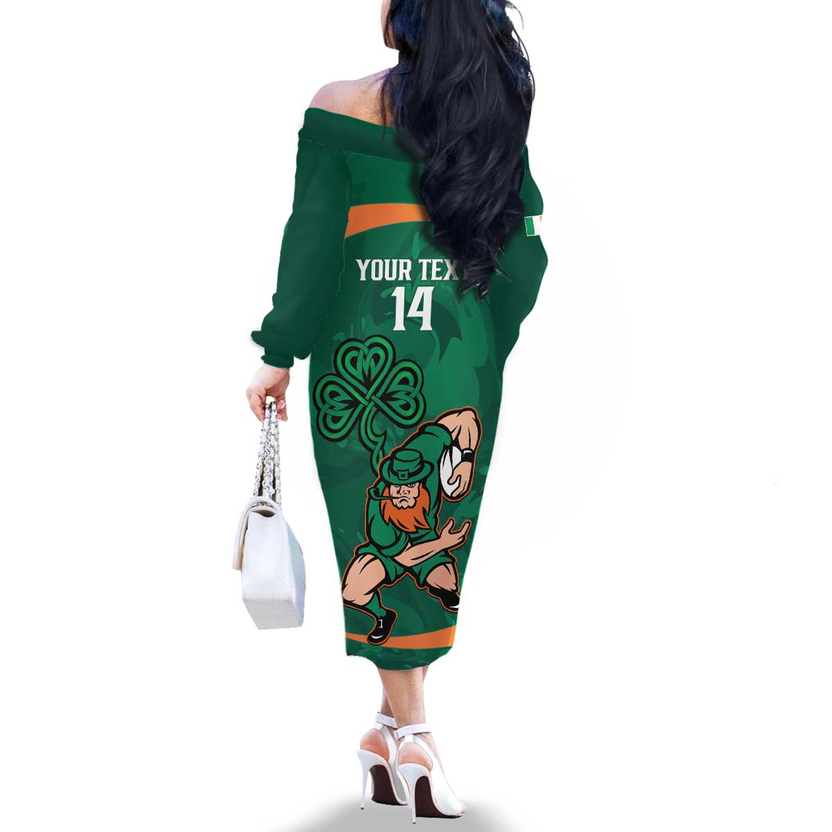 Custom Ireland Rugby Sevens Family Matching Off The Shoulder Long Sleeve Dress and Hawaiian Shirt Go Champions Irish Shamrock