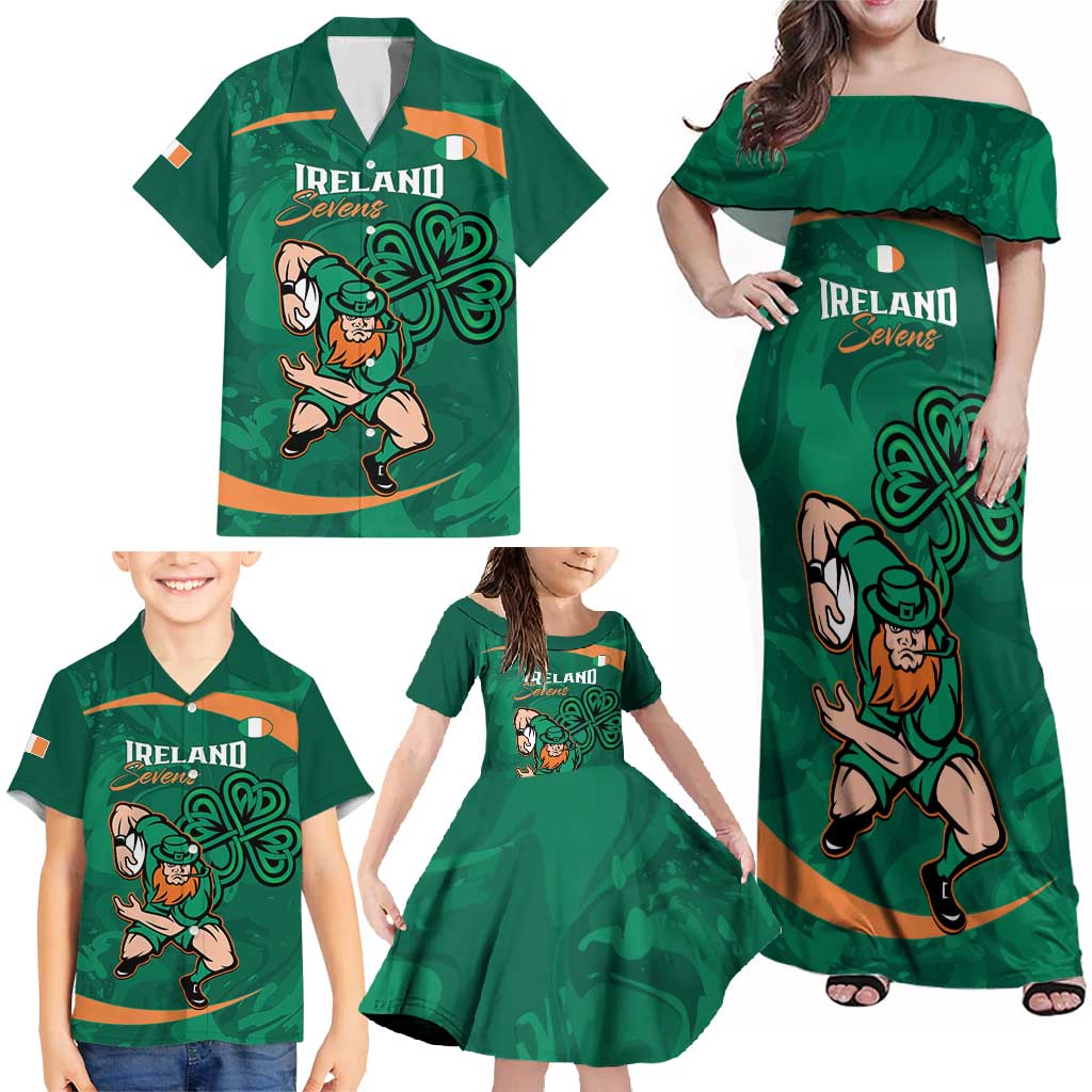 Custom Ireland Rugby Sevens Family Matching Off Shoulder Maxi Dress and Hawaiian Shirt Go Champions Irish Shamrock