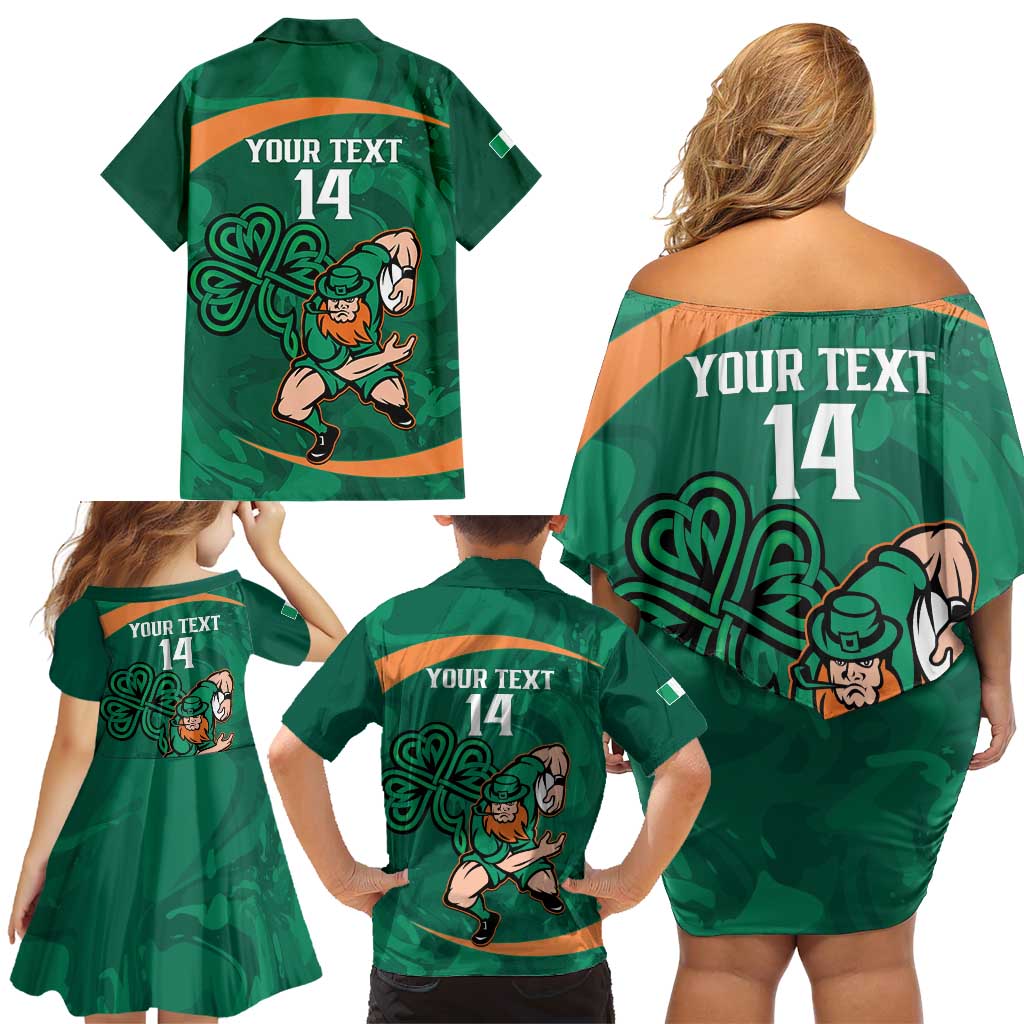 Custom Ireland Rugby Sevens Family Matching Off Shoulder Short Dress and Hawaiian Shirt Go Champions Irish Shamrock