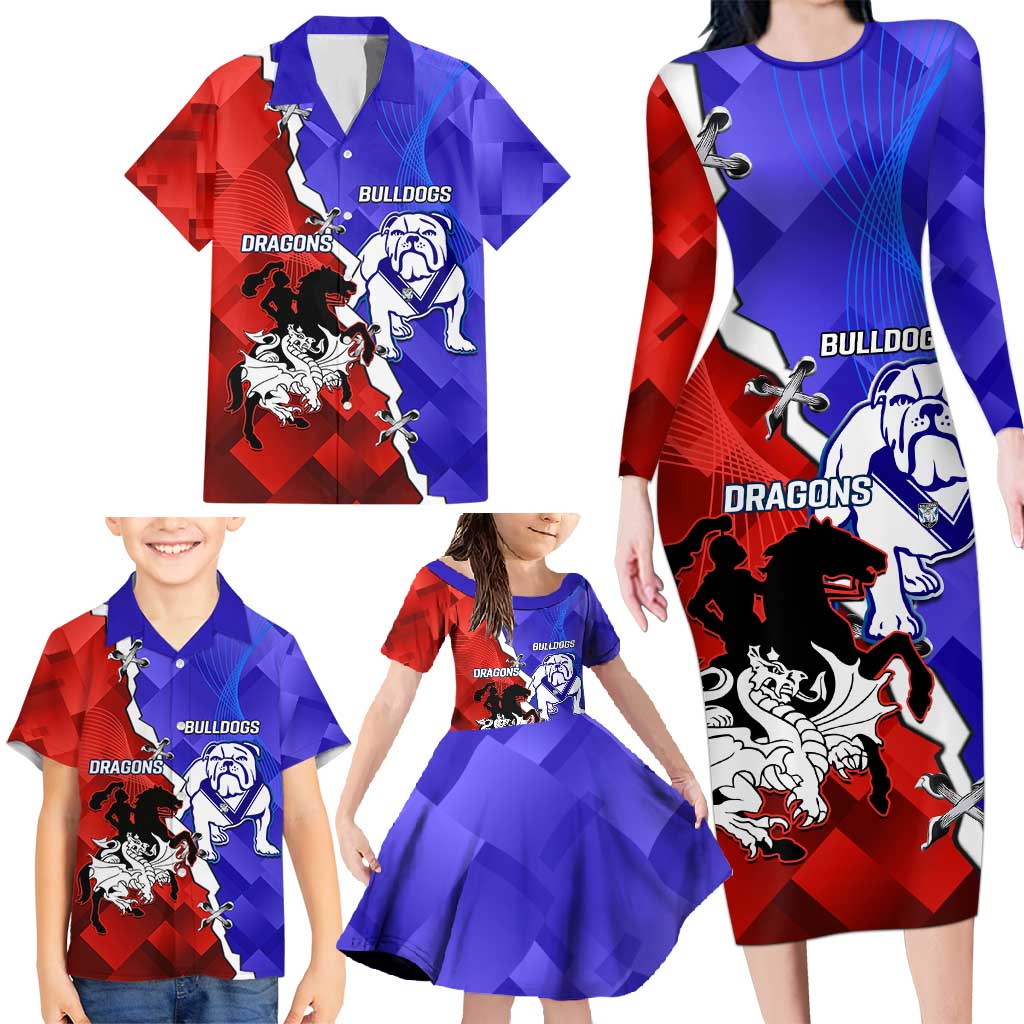 Custom Bulldogs And Dragons Rugby 2025 Family Matching Long Sleeve Bodycon Dress and Hawaiian Shirt Dynamic Style