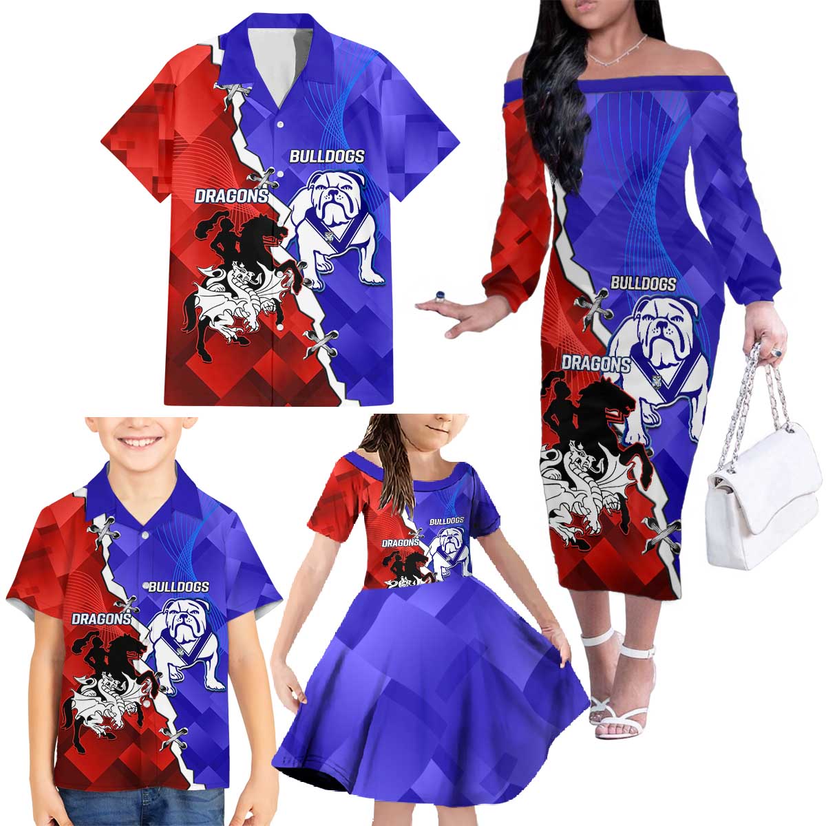 Custom Bulldogs And Dragons Rugby 2025 Family Matching Off The Shoulder Long Sleeve Dress and Hawaiian Shirt Dynamic Style